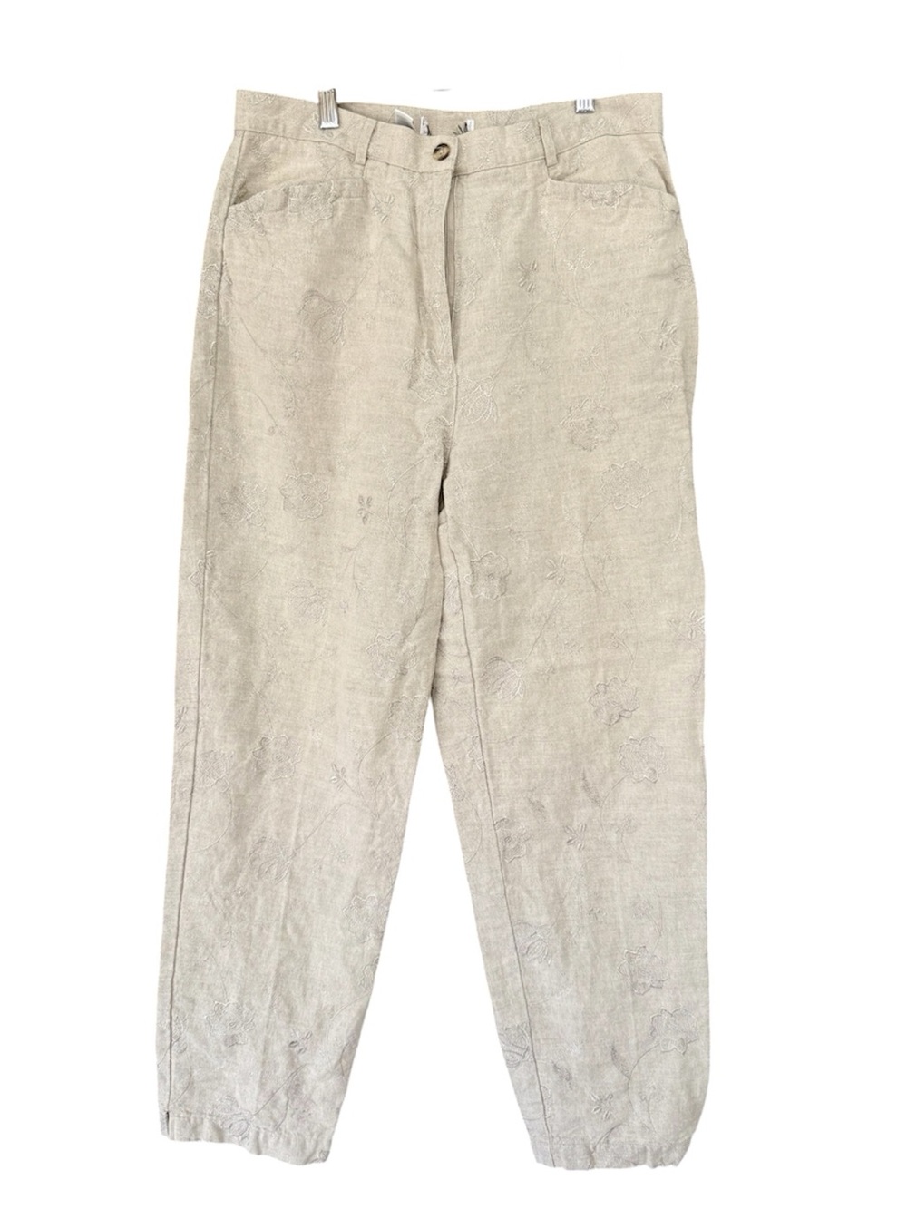 Talbots Linen Blend Embroidered Floral
Crop Pants Khaki Tan Size 12 High
Rise